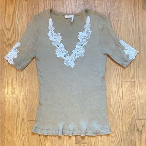 Beige Chloe White Floral Trim Short Sleeved Sweater